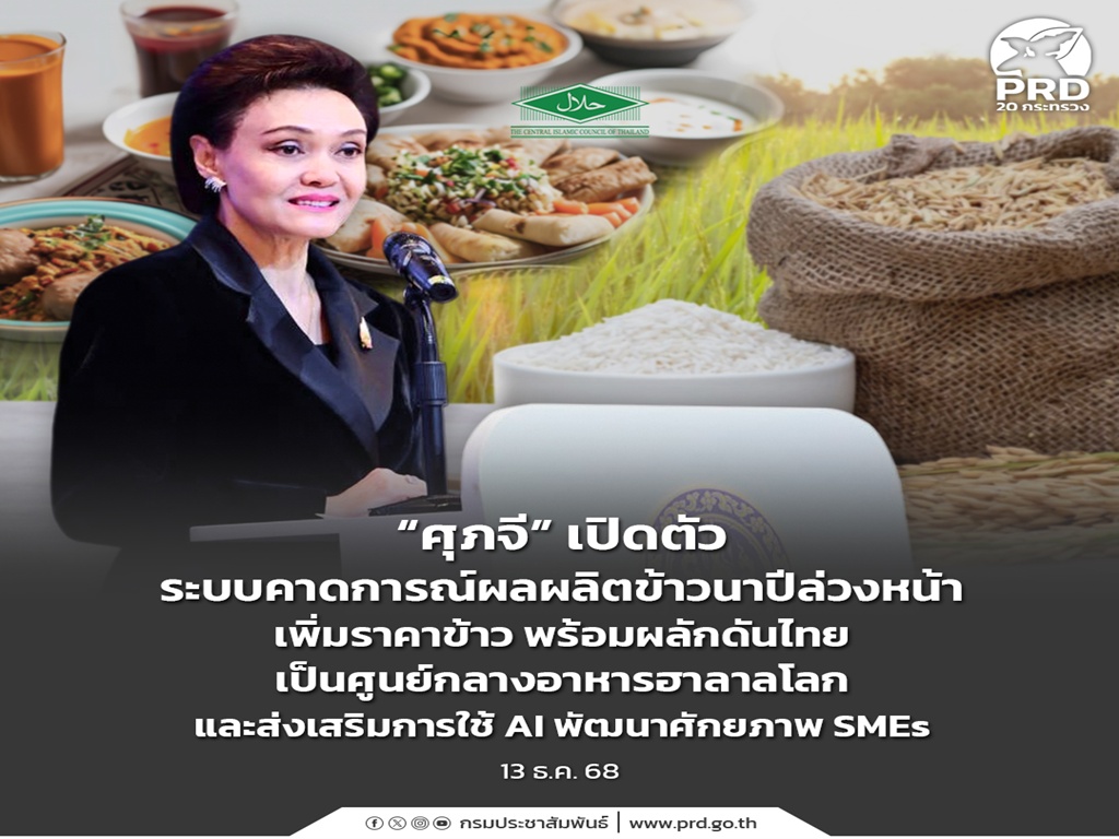 &ldquo;ศุภจี&rdquo; เปิดตัว ระบบคาดการณ์ผลผลิตข้าวนาปีล่วงหน้า เพิ่มราคาข้าว พร้อมผลักดันไทย เป็นศูนย์กลางอาหารฮาลาลโลก และส่งเสริมการใช้ AI พัฒนาศักยภาพ SMEs 