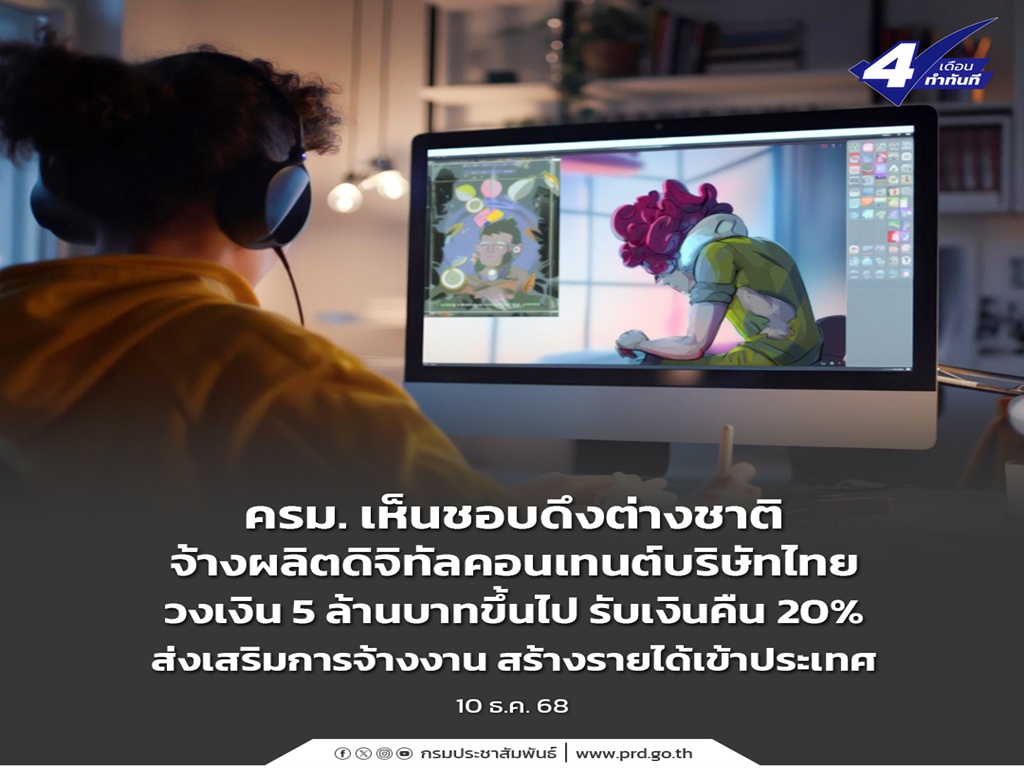 ครม. เห็นชอบดึงต่างชาติจ้างผลิตดิจิทัลคอนเทนต์บริษัทไทย วงเงิน 5 ล้านบาทขึ้นไป รับเงินคืน 20% ส่งเสริมการจ้างงาน สร้างรายได้เข้าประเทศ