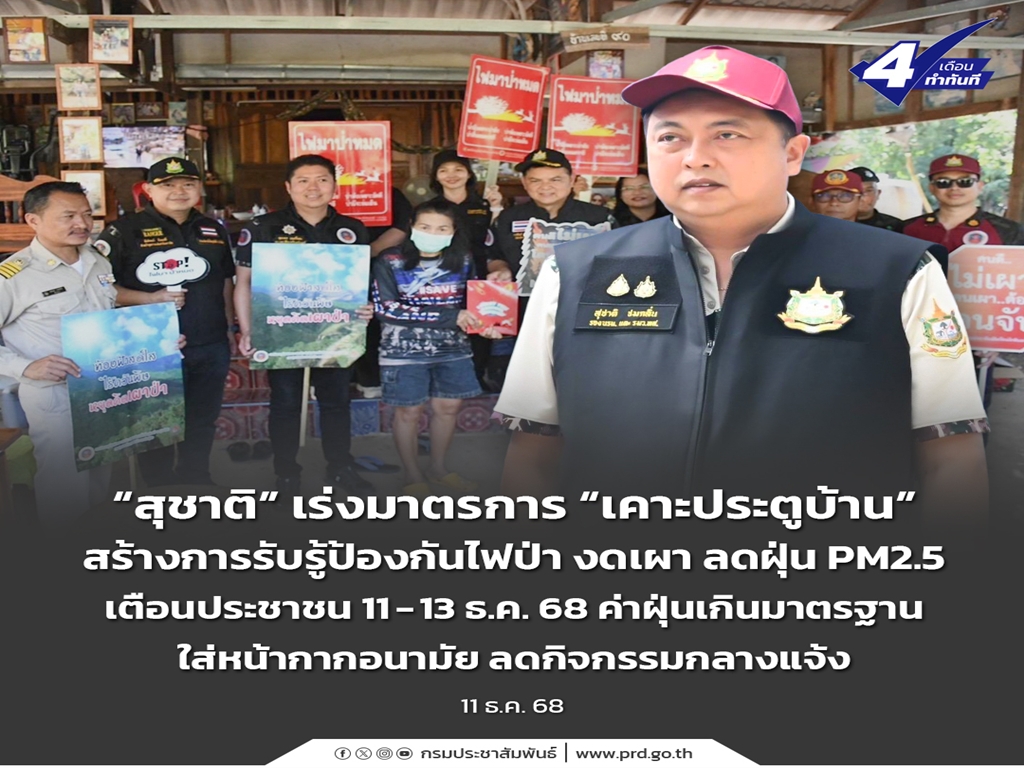 “สุชาติ” เร่งมาตรการ “เคาะประตูบ้าน” สร้างการรับรู้ป้องกันไฟป่า งดเผา ลดฝุ่น PM2.5 เตือนประชาชน 11–13 ธ.ค. 68 ค่าฝุ่นเกินมาตรฐาน ใส่หน้ากากอนามัย ลดกิจกรรมกลางแจ้ง