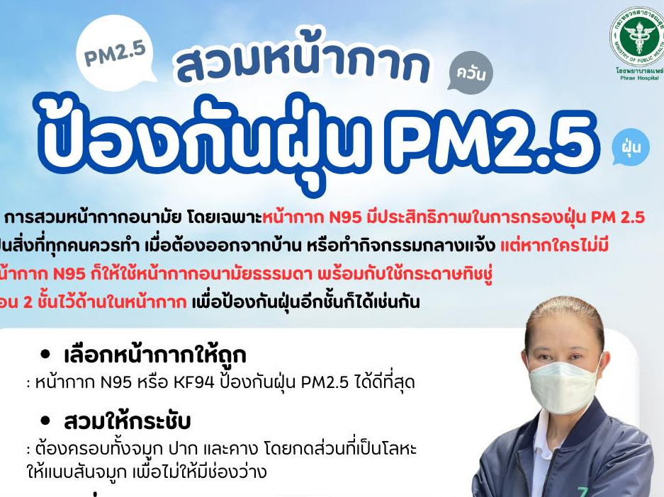 โรงพยาบาลแพร่ แนะประชาชนสวมหน้ากากป้องกันฝุ่น PM 2.5 อย่างถูกวิธี พร้อมแนะช่องทางเช็กค่าฝุ่นเพื่อความปลอดภัย
