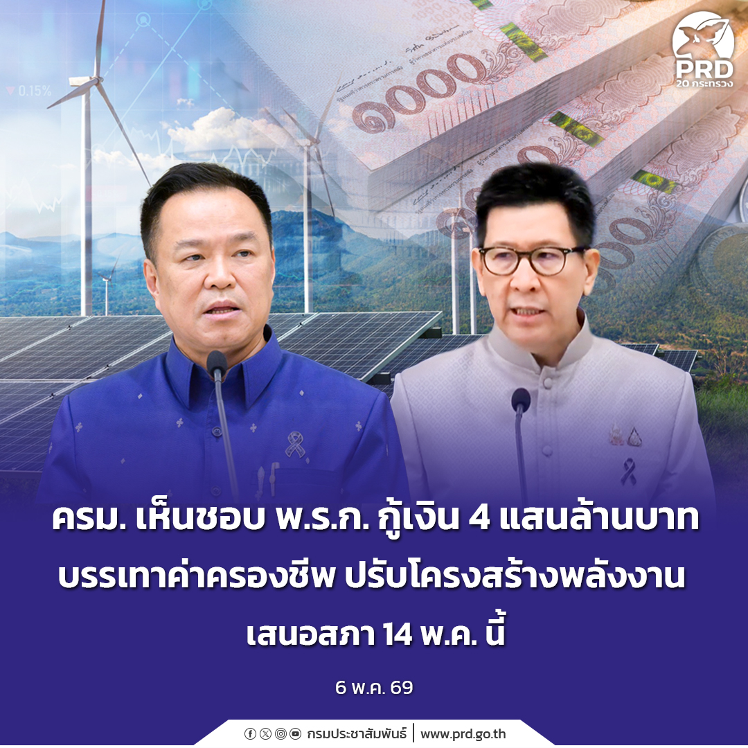 ครม. เห็นชอบ พ.ร.ก. กู้เงิน 4 แสนล้าน บรรเทาค่าครองชีพ ปรับโครงสร้างพลังงาน เสนอสภา 14 พ.ค. นี้
