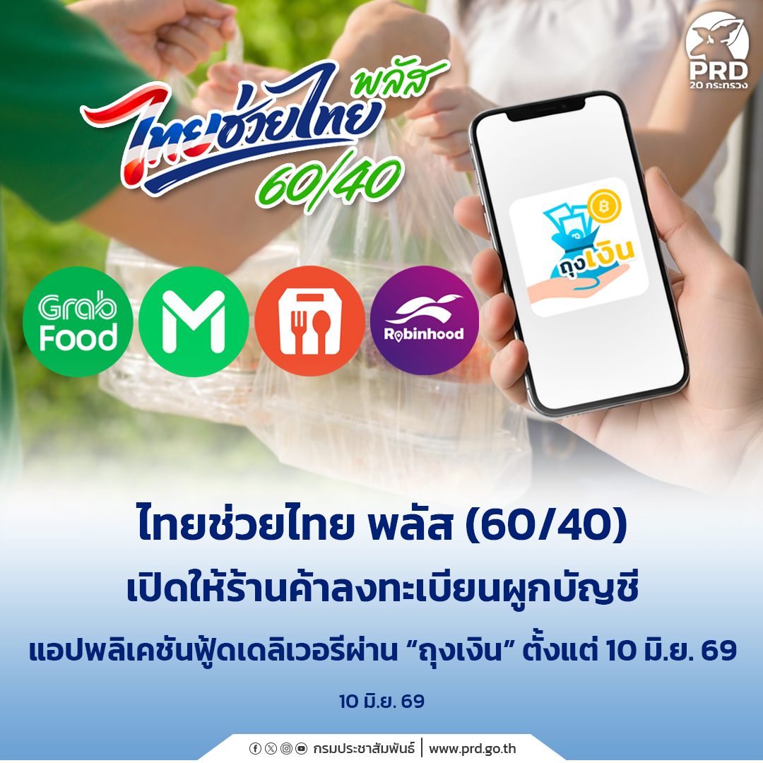 ไทยช่วยไทย พลัส (60/40) เปิดให้ร้านค้าลงทะเบียนผูกบัญชีแอปพลิเคชันฟู้ดเดลิเวอรีผ่าน &ldquo;ถุงเงิน&rdquo; 10 มิ. ย. 69 เป็นต้นไป
