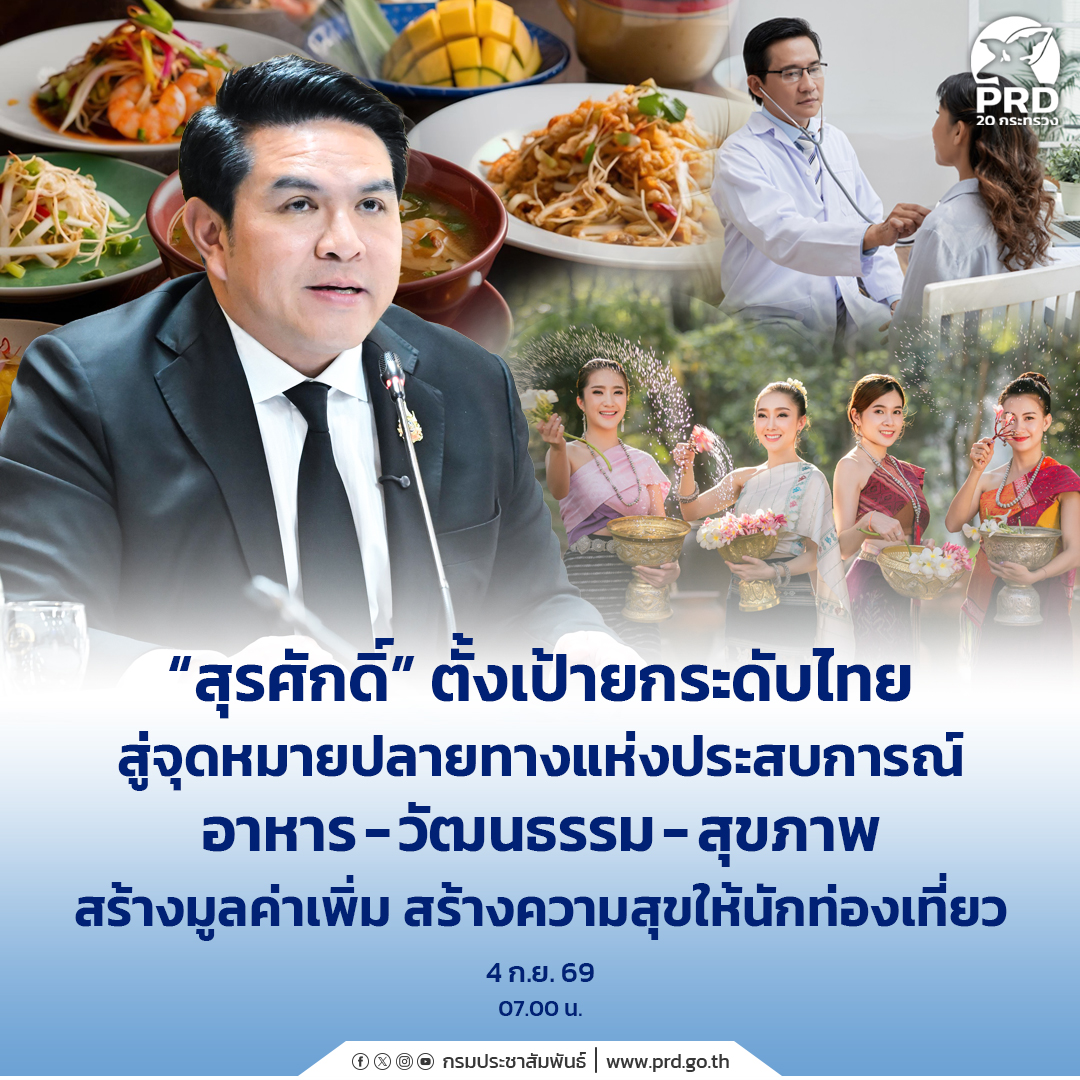 &ldquo;สุรศักดิ์&rdquo; ตั้งเป้ายกระดับไทยสู่จุดหมายปลายทางแห่งประสบการณ์ อาหาร-วัฒนธรรม-สุขภาพ&nbsp;สร้างมูลค่าเพิ่ม สร้างความสุขให้นักท่องเที่ยว