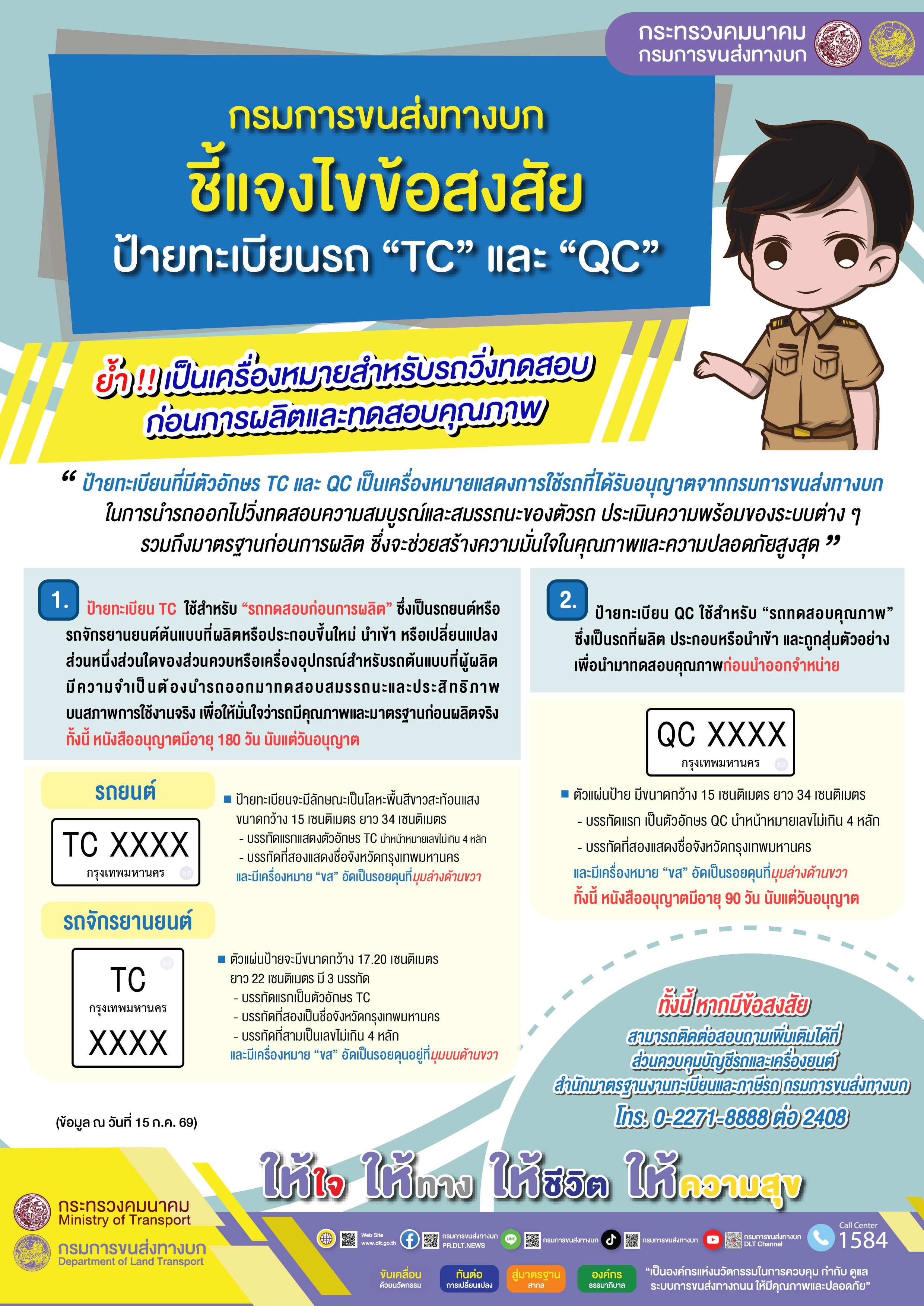 กรมการขนส่งทางบก ชี้แจงไขข้อสงสัยป้ายทะเบียนรถ &ldquo;TC&rdquo; และ &ldquo;QC&rdquo; ย้ำเป็นเครื่องหมายสำหรับรถวิ่งทดสอบก่อนการผลิตและทดสอบคุณภาพ